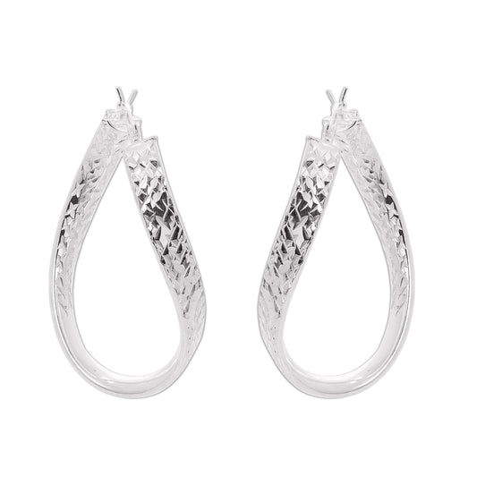 Large Sterling Silver Diamond Cut Kiss Oval Twist Hoop Earrings