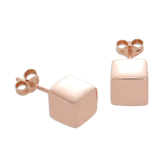 Rose Gold Plated Sterling Silver 7mm Cube Stud Earrings