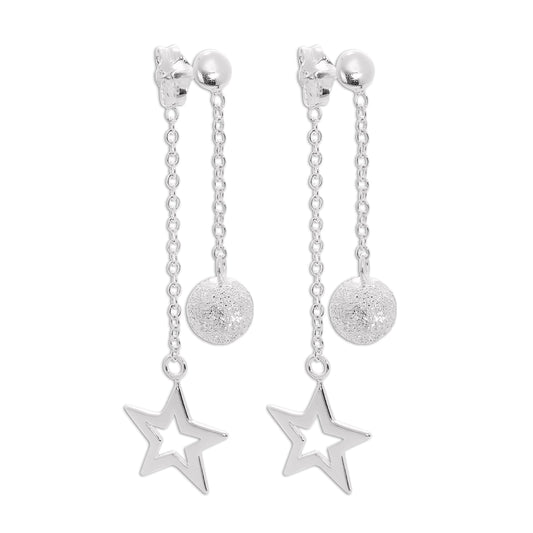 Sterling Silver Double Sided Frosted Ball and Cut Out Star Dangle Stud Earrings