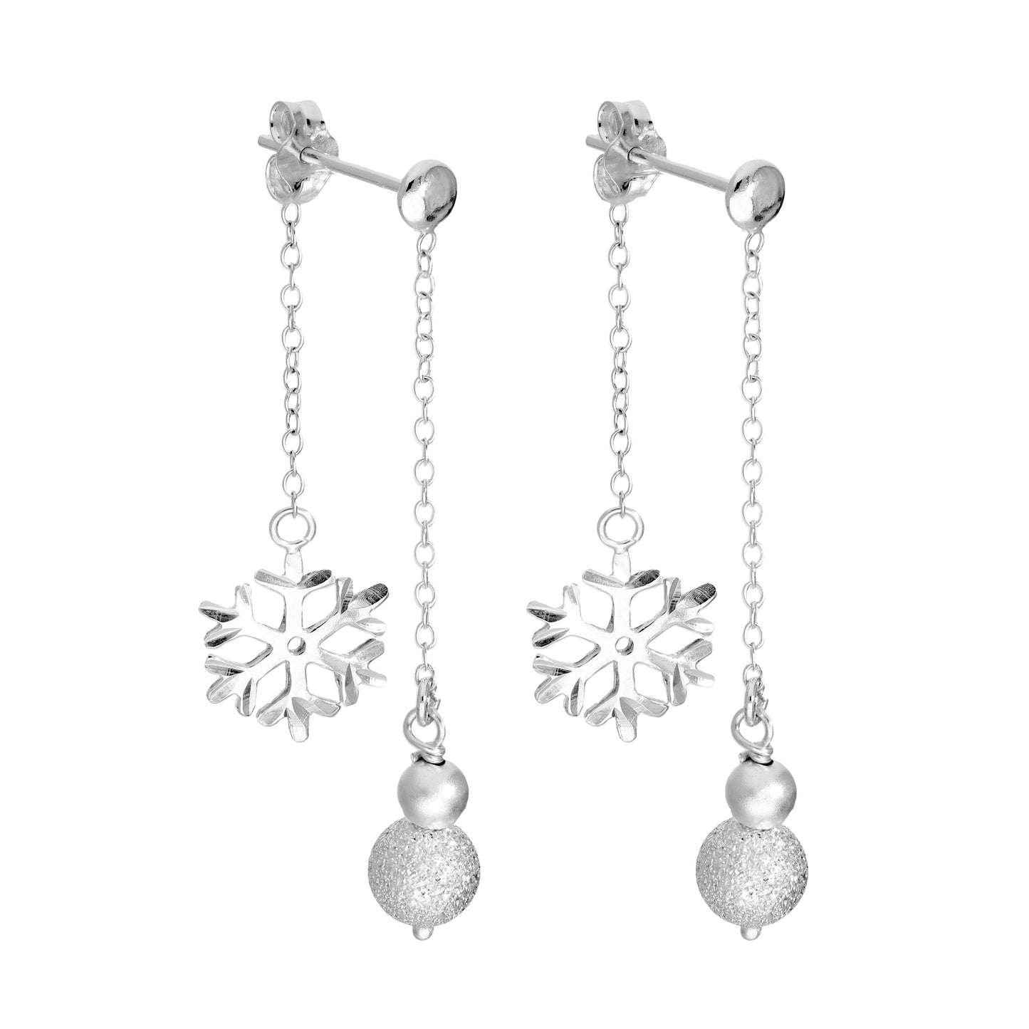 Sterling Silver Double Sided Frosted Ball & Snowflake Dangle Stud Earrings
