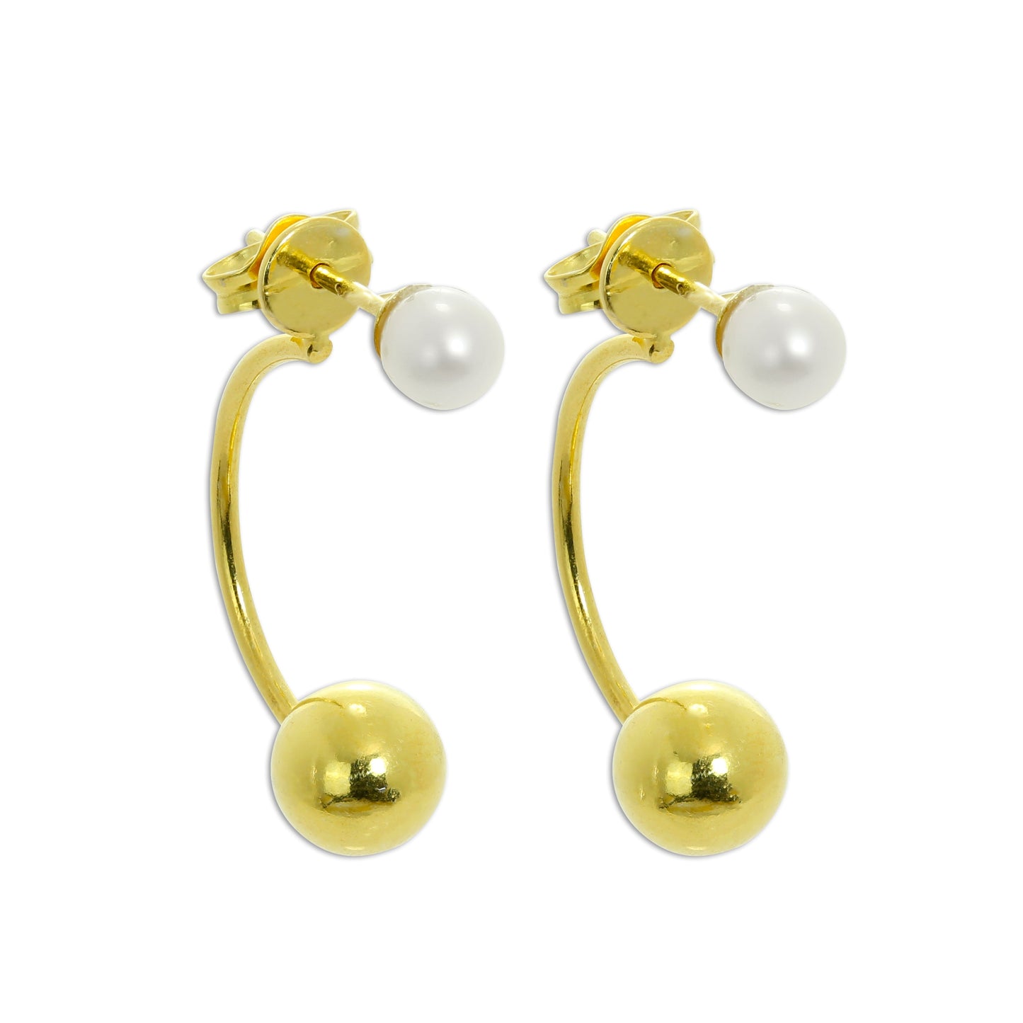 Gold Plated Sterling Silver Pearl Half Hoop & Ball Stud Earrings