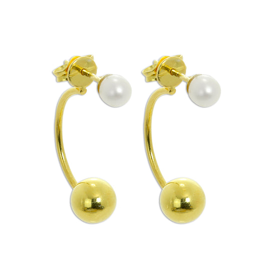 Gold Plated Sterling Silver Pearl Half Hoop & Ball Stud Earrings