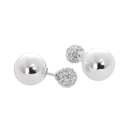 Sterling Silver Double Sided Plain & CZ Crystal 6mm Ball Stud Earrings