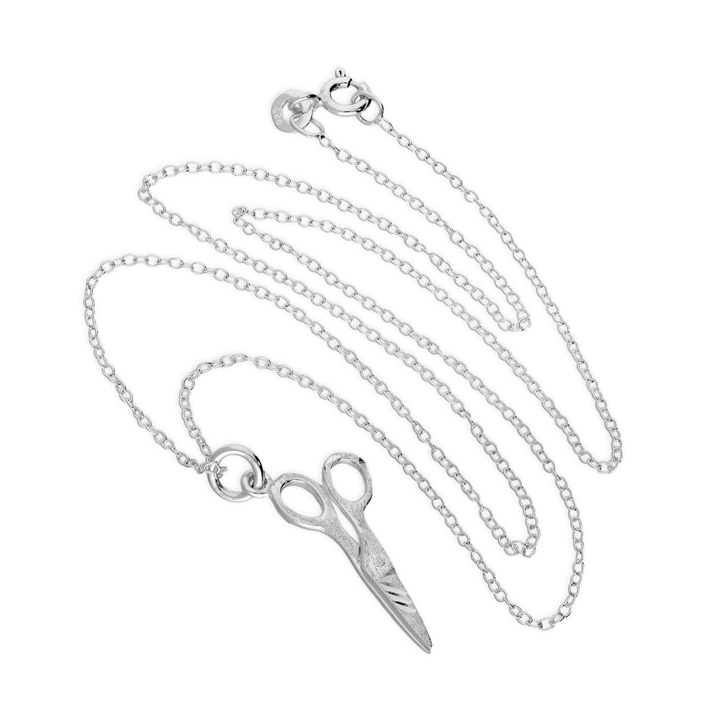Matt Sterling Silver Diamond Cut Scissors on 18 Inch Chain Necklace