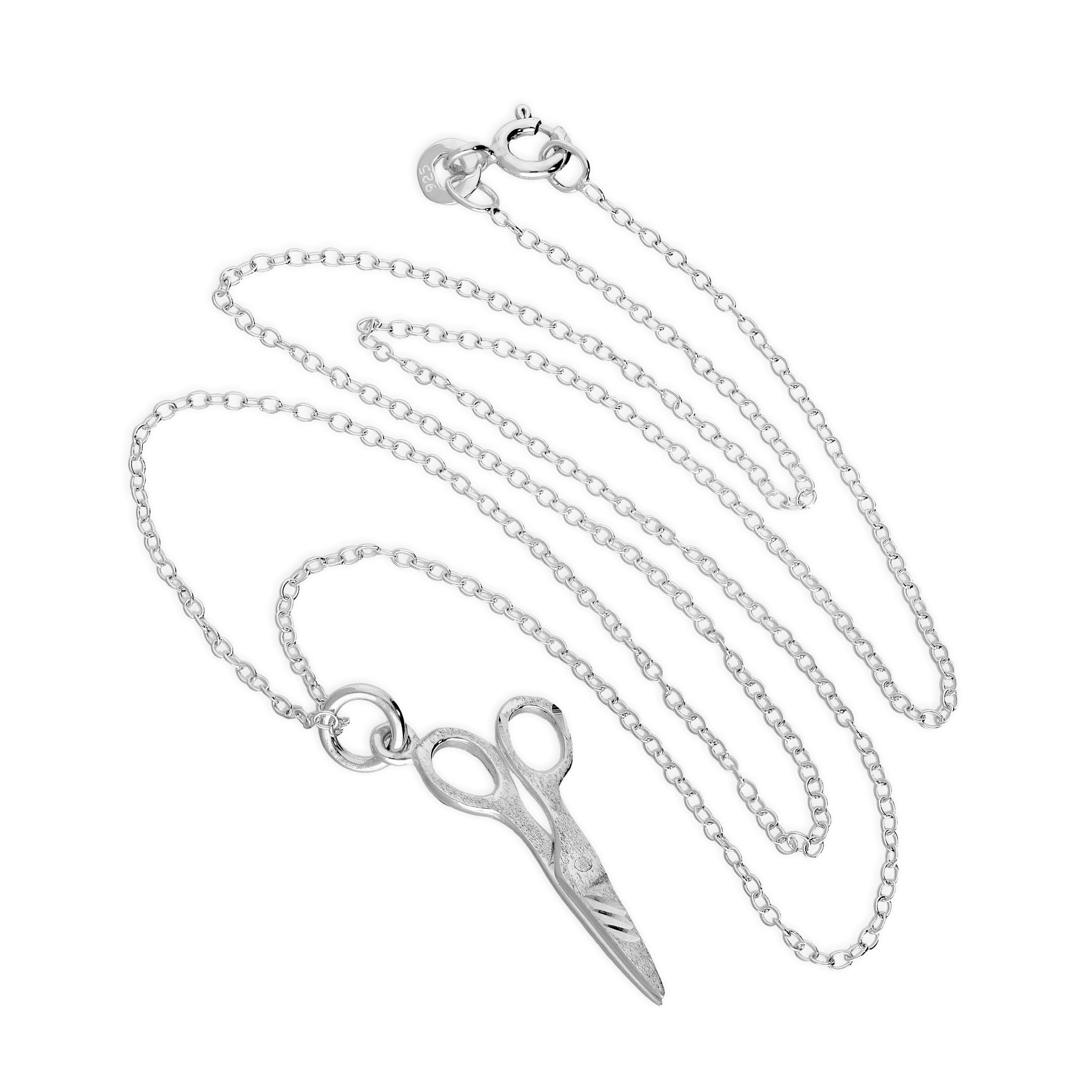 Matt Sterling Silver Diamond Cut Scissors on 18 Inch Chain Necklace