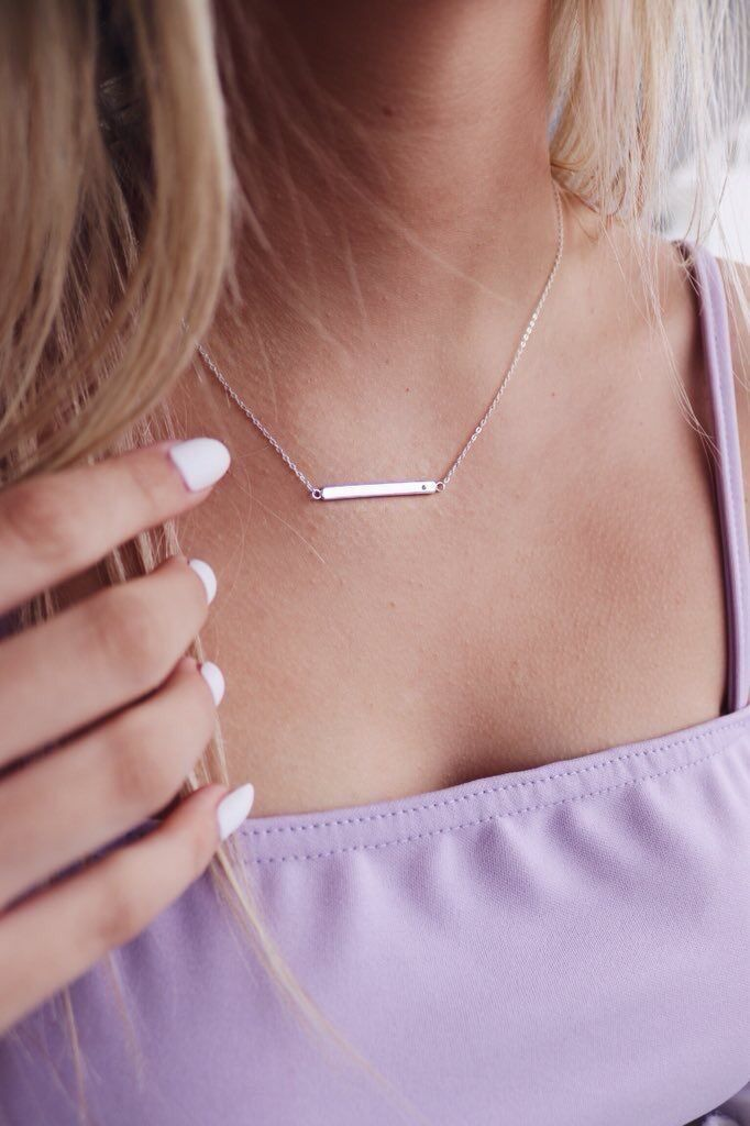 Sterling Silver Clear CZ Engravable Bar Necklace 18 Inch Chain