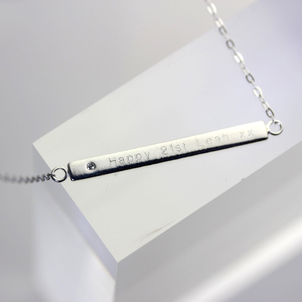 Sterling Silver Clear CZ Engravable Bar Necklace 18 Inch Chain