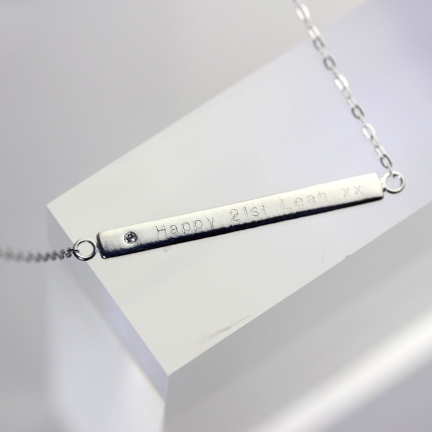 Sterling Silver Clear CZ Engravable Bar Necklace 18 Inch Chain