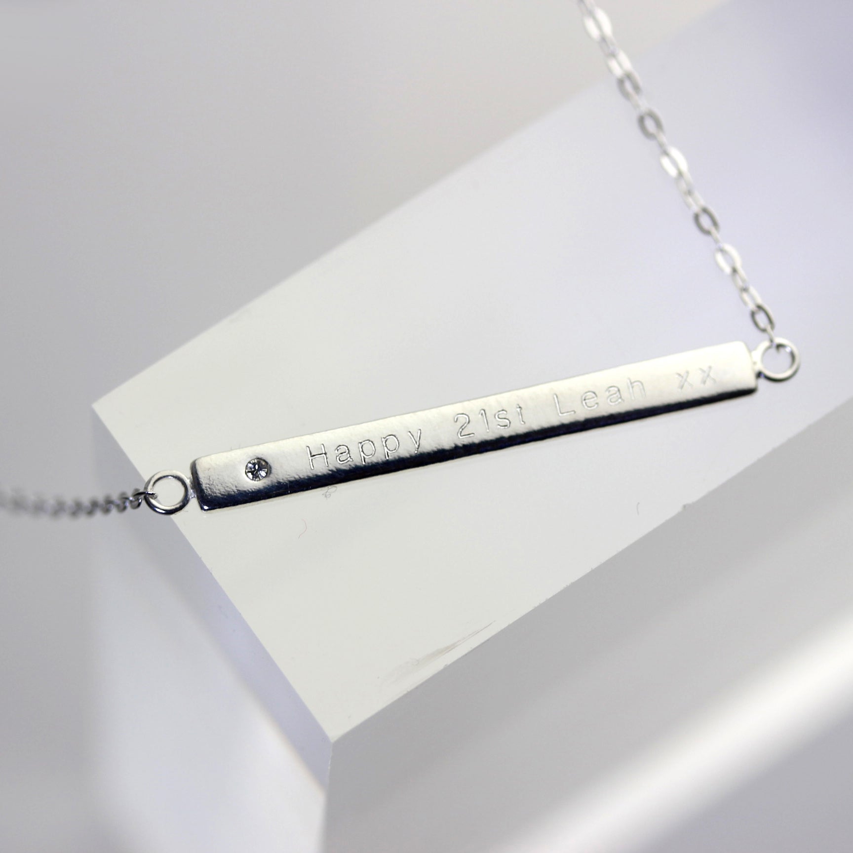 Sterling Silver Clear CZ Engravable Bar Necklace 18 Inch Chain