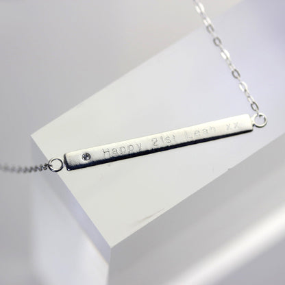 Sterling Silver Clear CZ Engravable Bar Necklace 18 Inch Chain