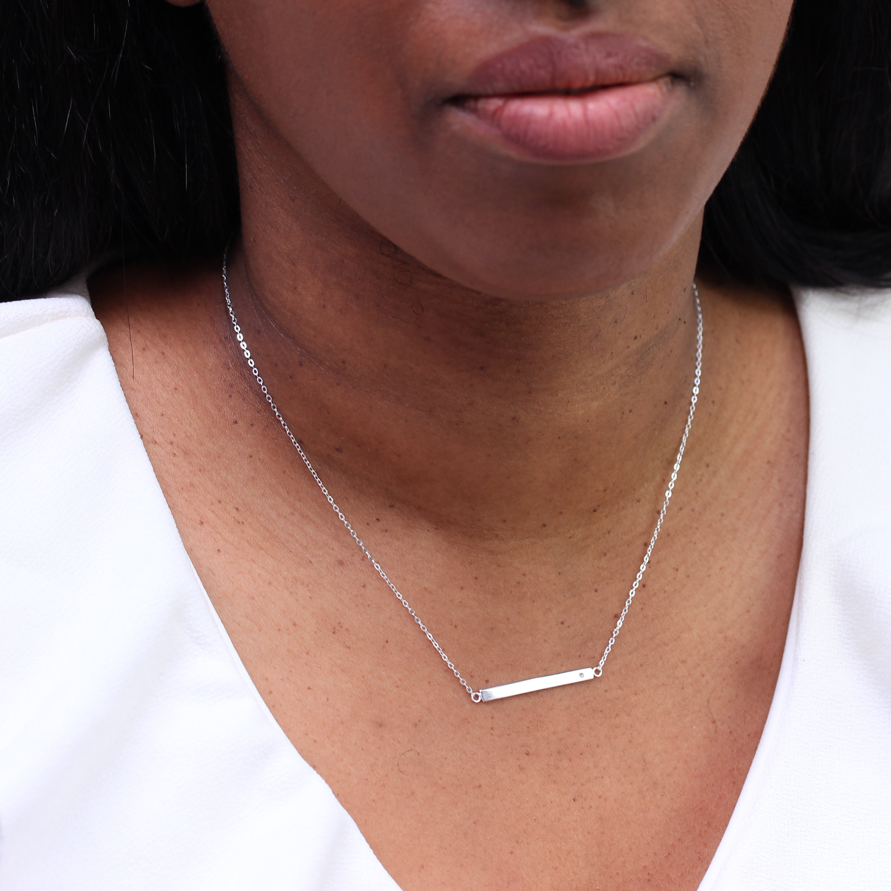 Sterling Silver Clear CZ Engravable Bar Necklace 18 Inch Chain