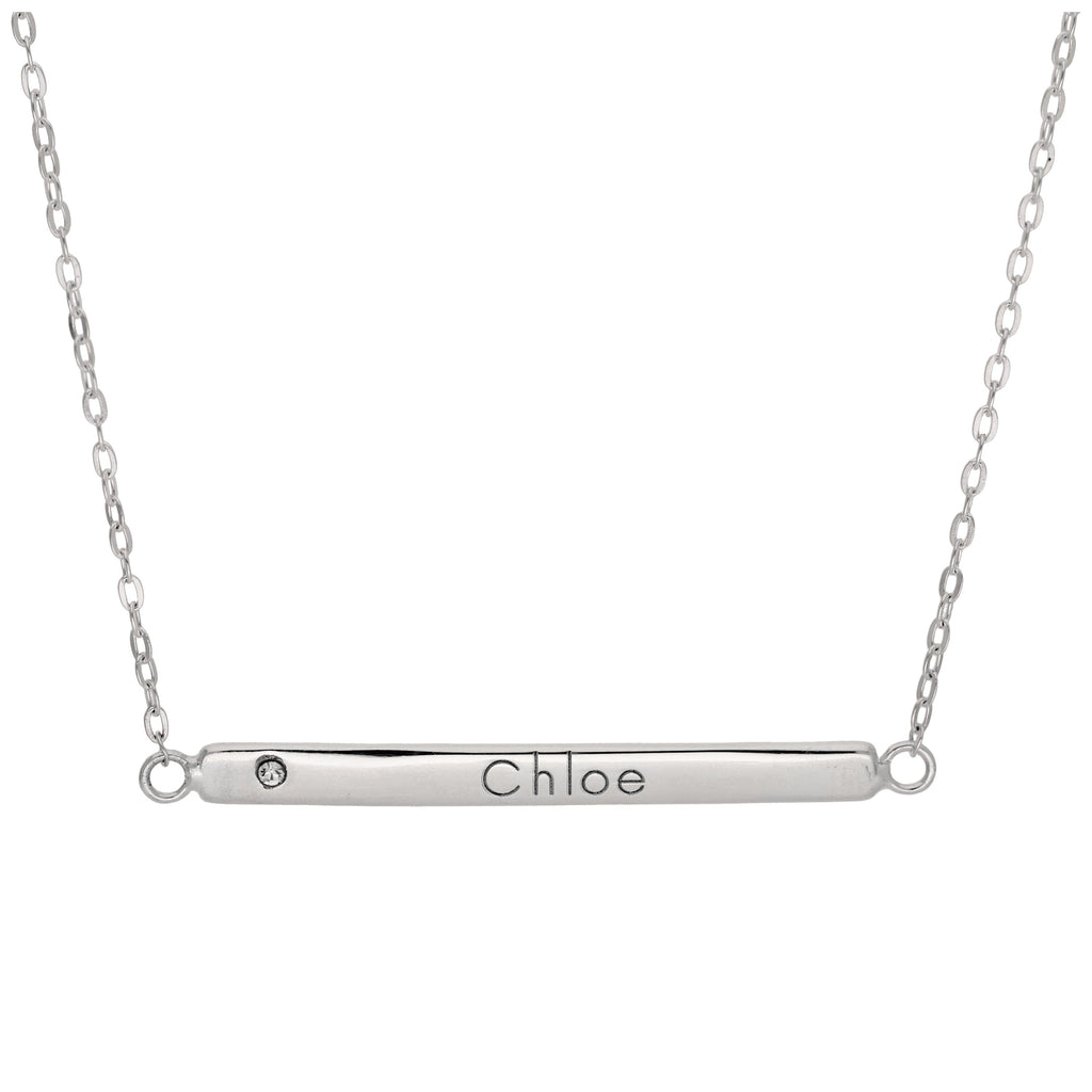 Sterling Silver Clear CZ Engravable Bar Necklace 18 Inch Chain