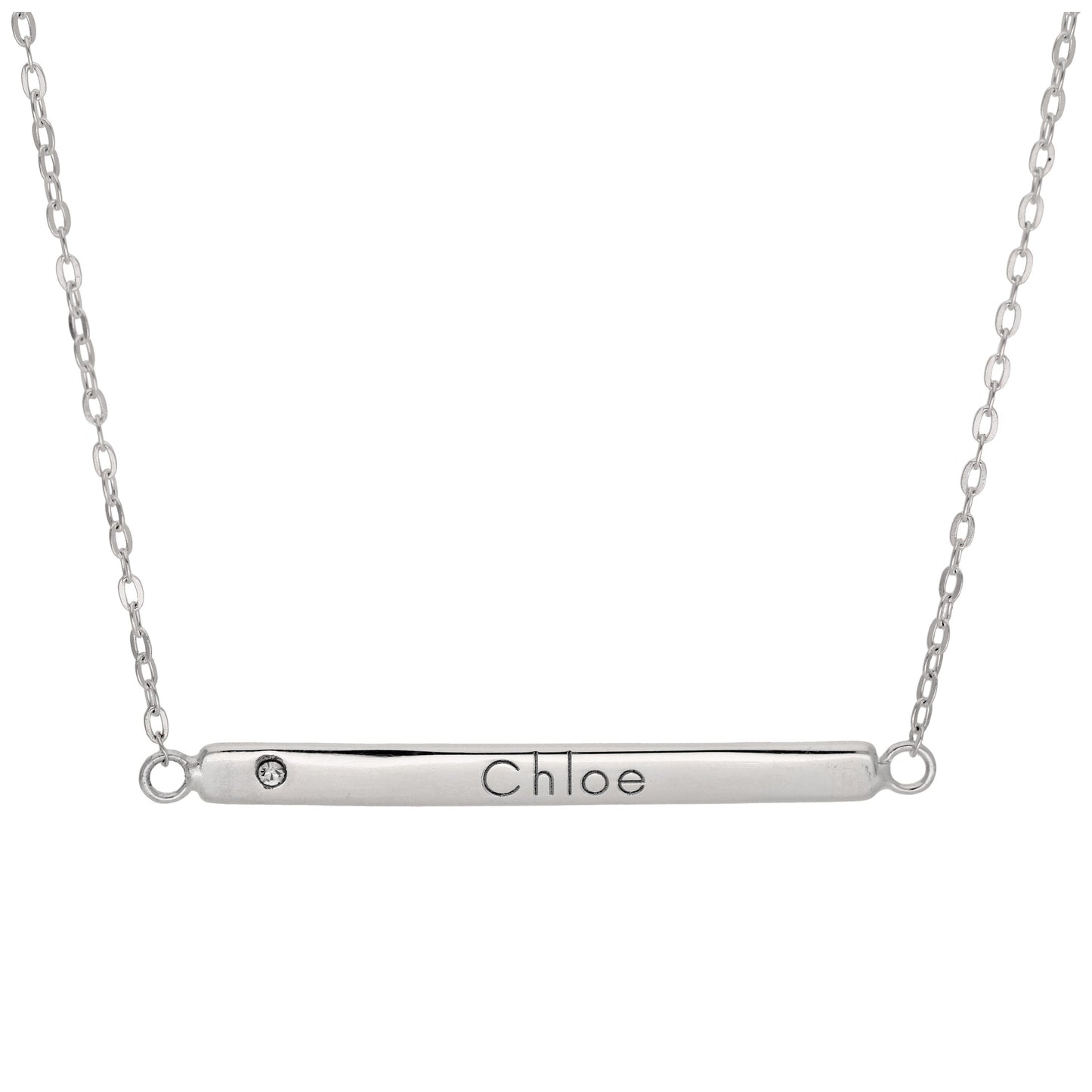 Sterling Silver Clear CZ Engravable Bar Necklace 18 Inch Chain