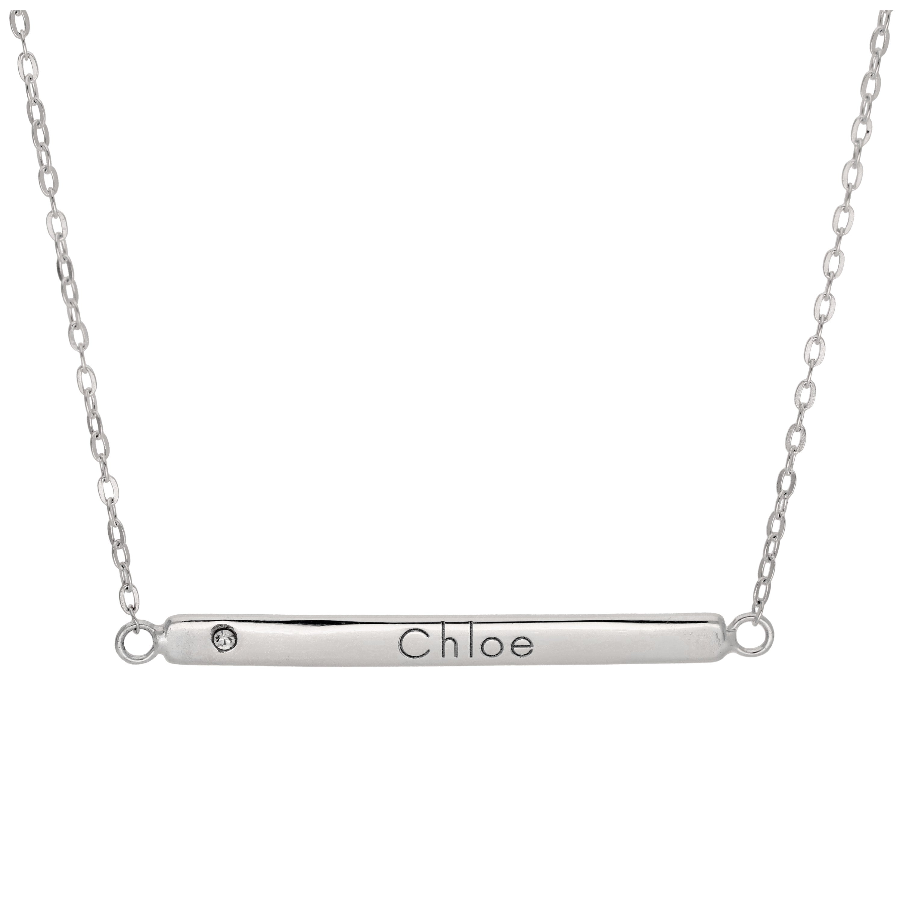 Sterling Silver Clear CZ Engravable Bar Necklace 18 Inch Chain