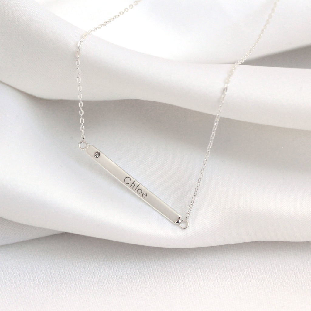 Sterling Silver Clear CZ Engravable Bar Necklace 18 Inch Chain
