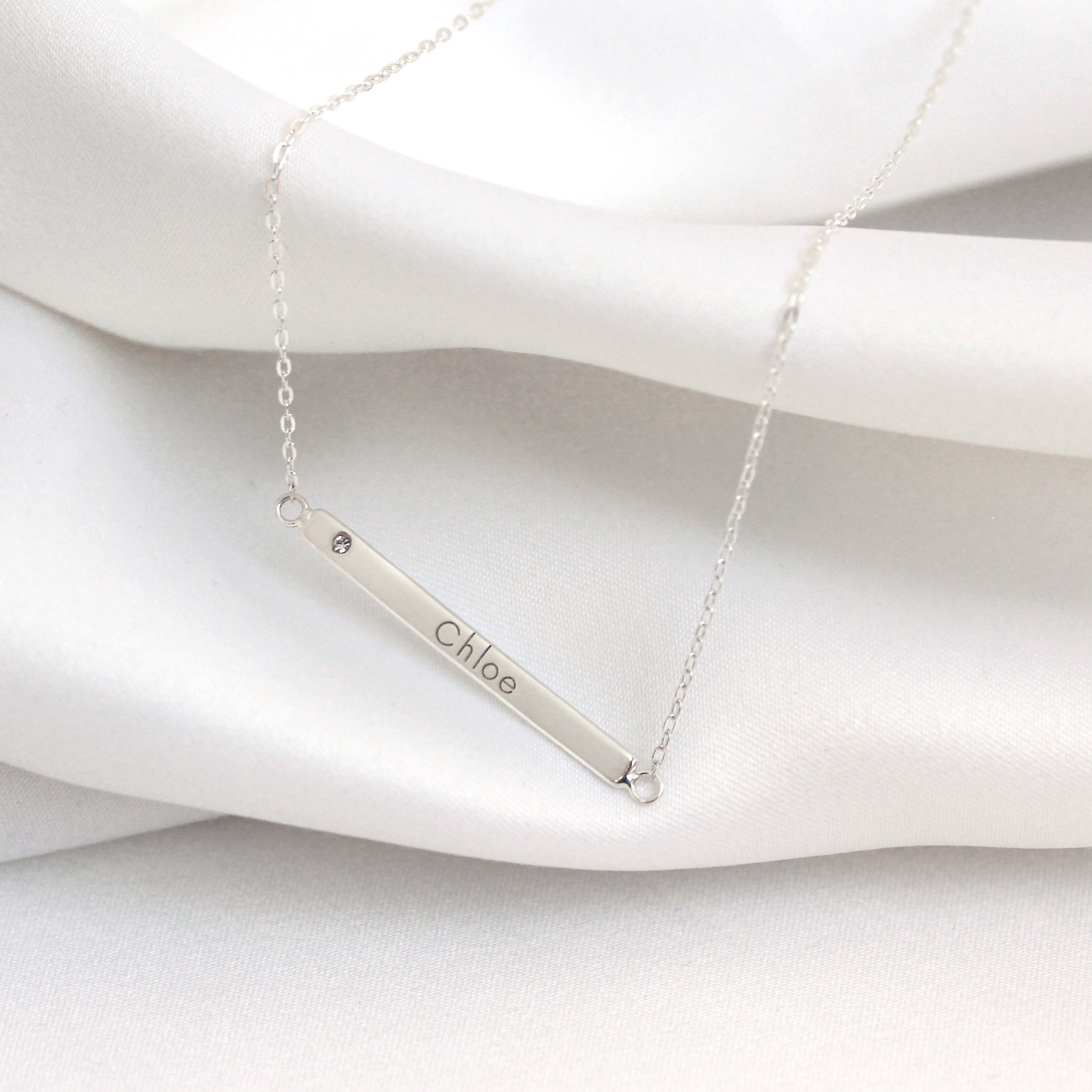 Sterling Silver Clear CZ Engravable Bar Necklace 18 Inch Chain