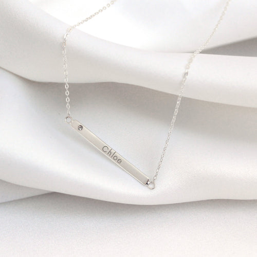 Sterling Silver Clear CZ Engravable Bar Necklace 18 Inch Chain