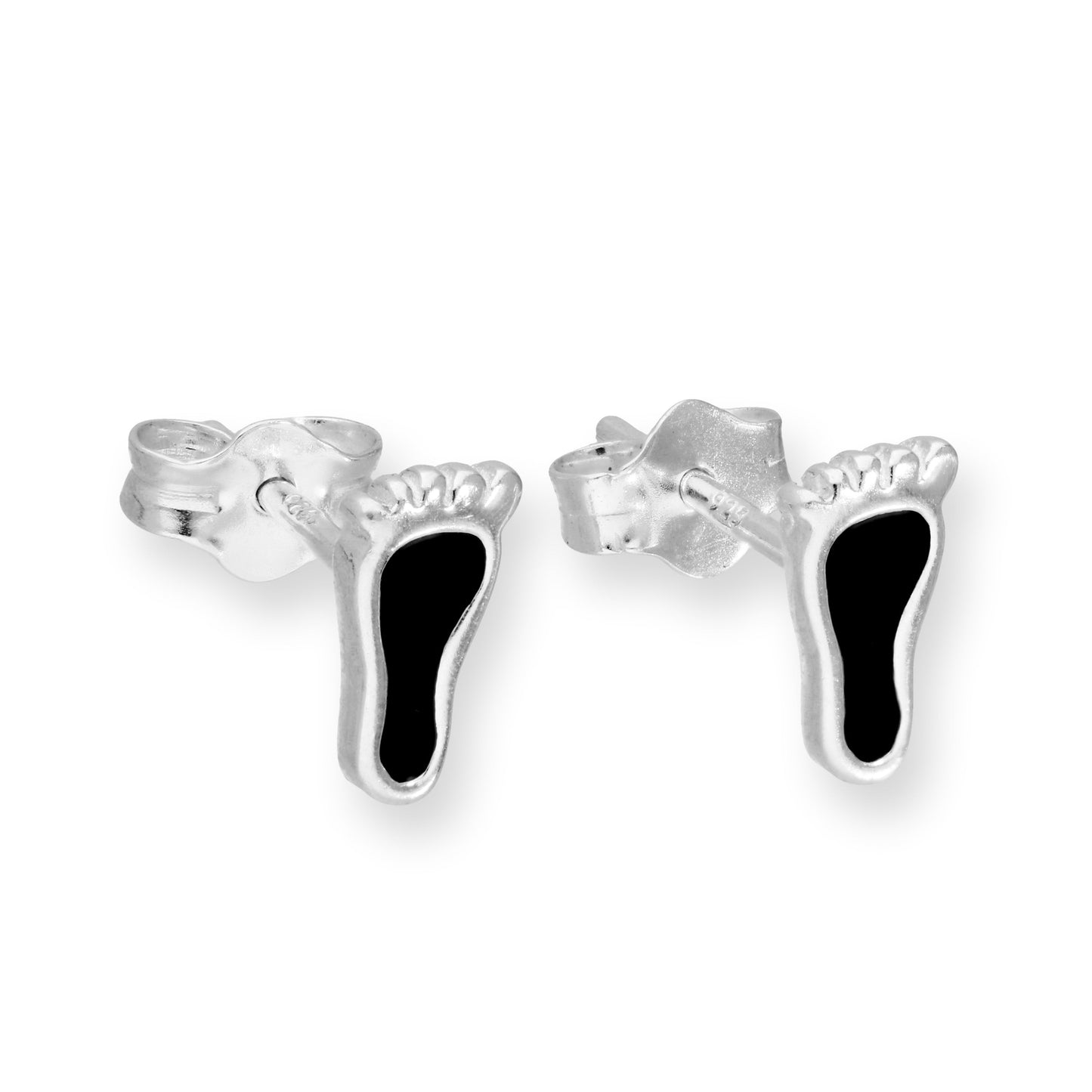 Sterling Silver & Black Enamel Footprint Stud Earrings