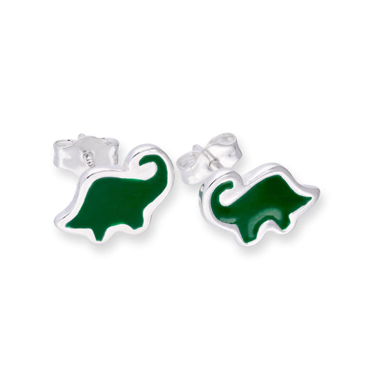 Sterling Silver & Green Enamel Dinosaur Stud Earrings