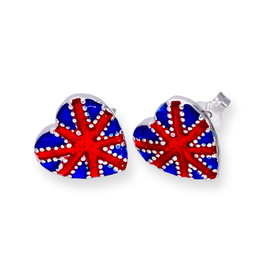 Sterling Silver & Enamel Union Jack Heart Stud Earrings