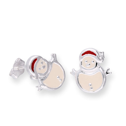 Sterling Silver & Enamel Happy Snowman Stud Earrings