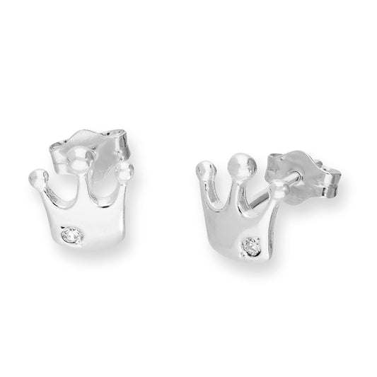 Sterling Silver & Clear CZ Crystal Royal Crown Stud Earrings