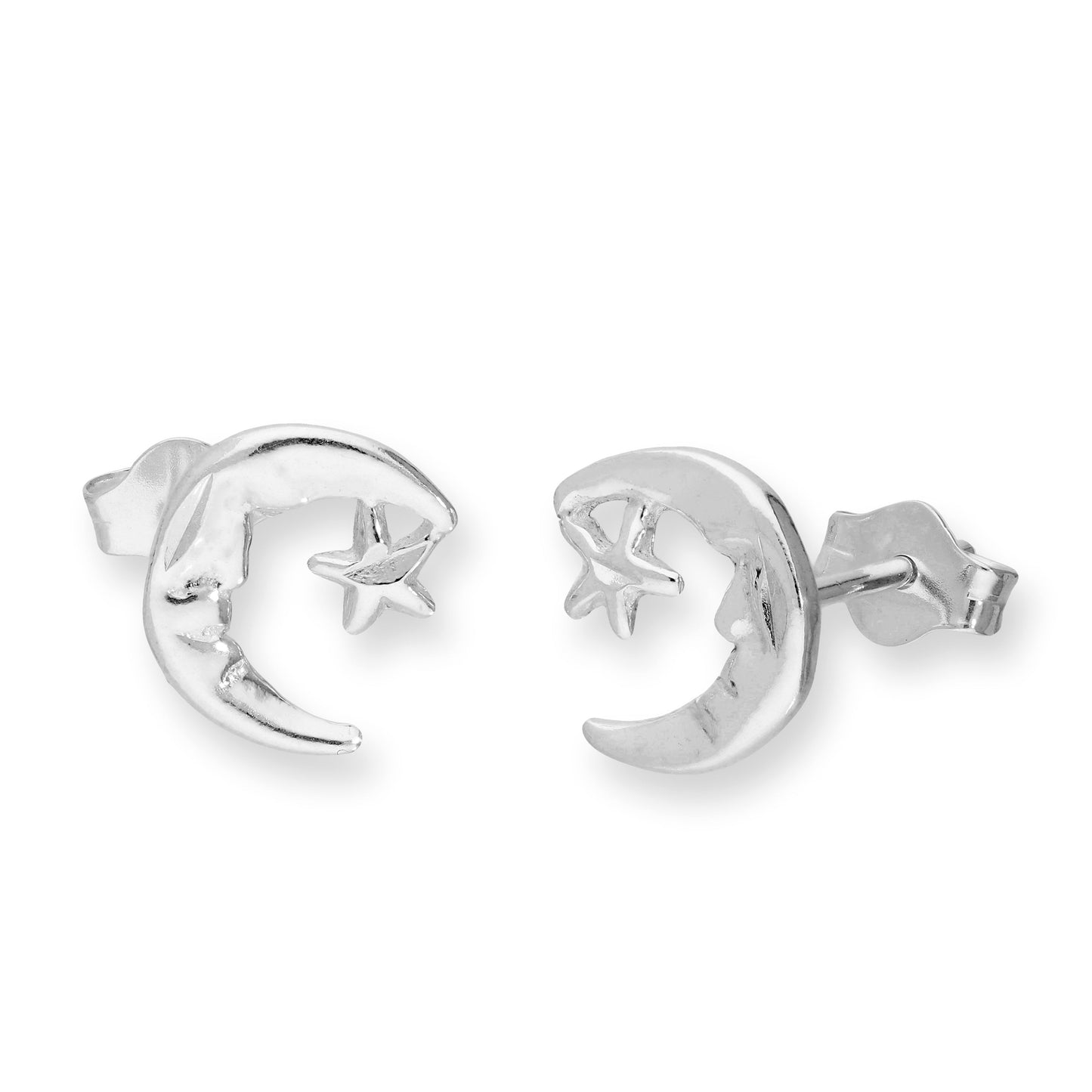Sterling Silver Crescent Moon and Star Stud Earrings