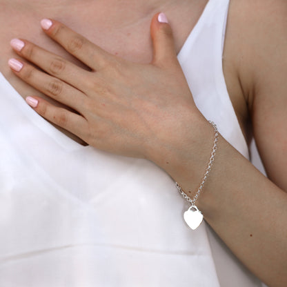 Sterling Silver 7 inch Bracelet Engravable Padlock Heart