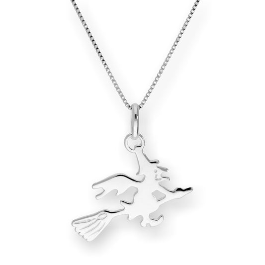 Sterling Silver Witch on a Broomstick Pendant Necklace 14 - 22 Inches