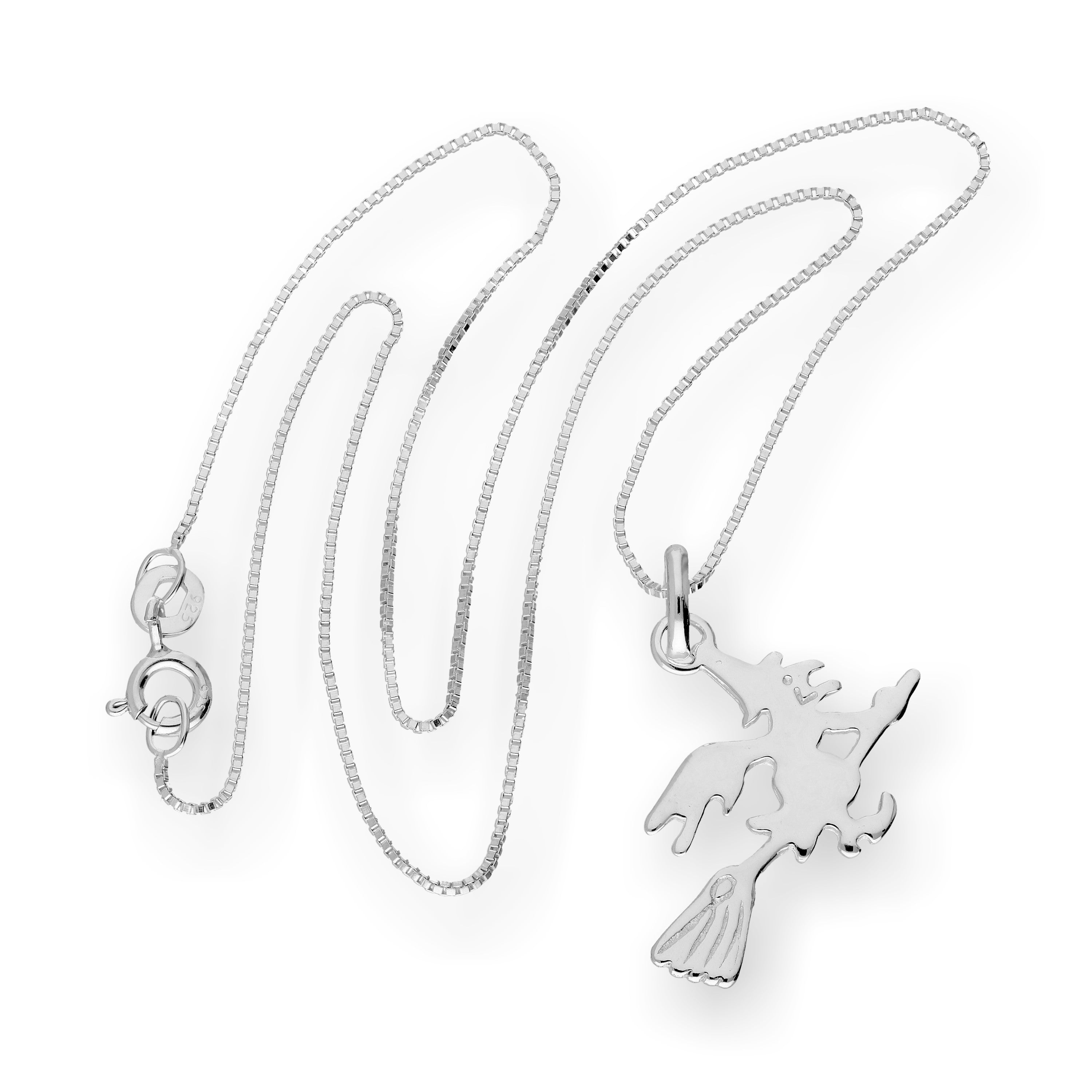 Sterling Silver Witch on a Broomstick Pendant Necklace 14 - 22 Inches