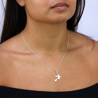 Sterling Silver Witch on a Broomstick Pendant Necklace 14 - 22 Inches
