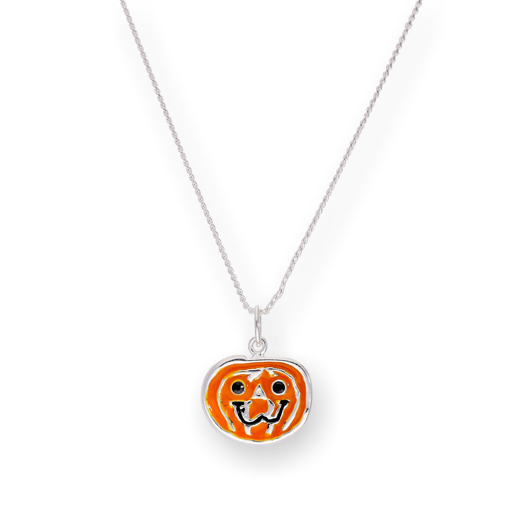 Sterling Silver & Enamel Pumpkin Pendant Necklace 14 - 28 Inches