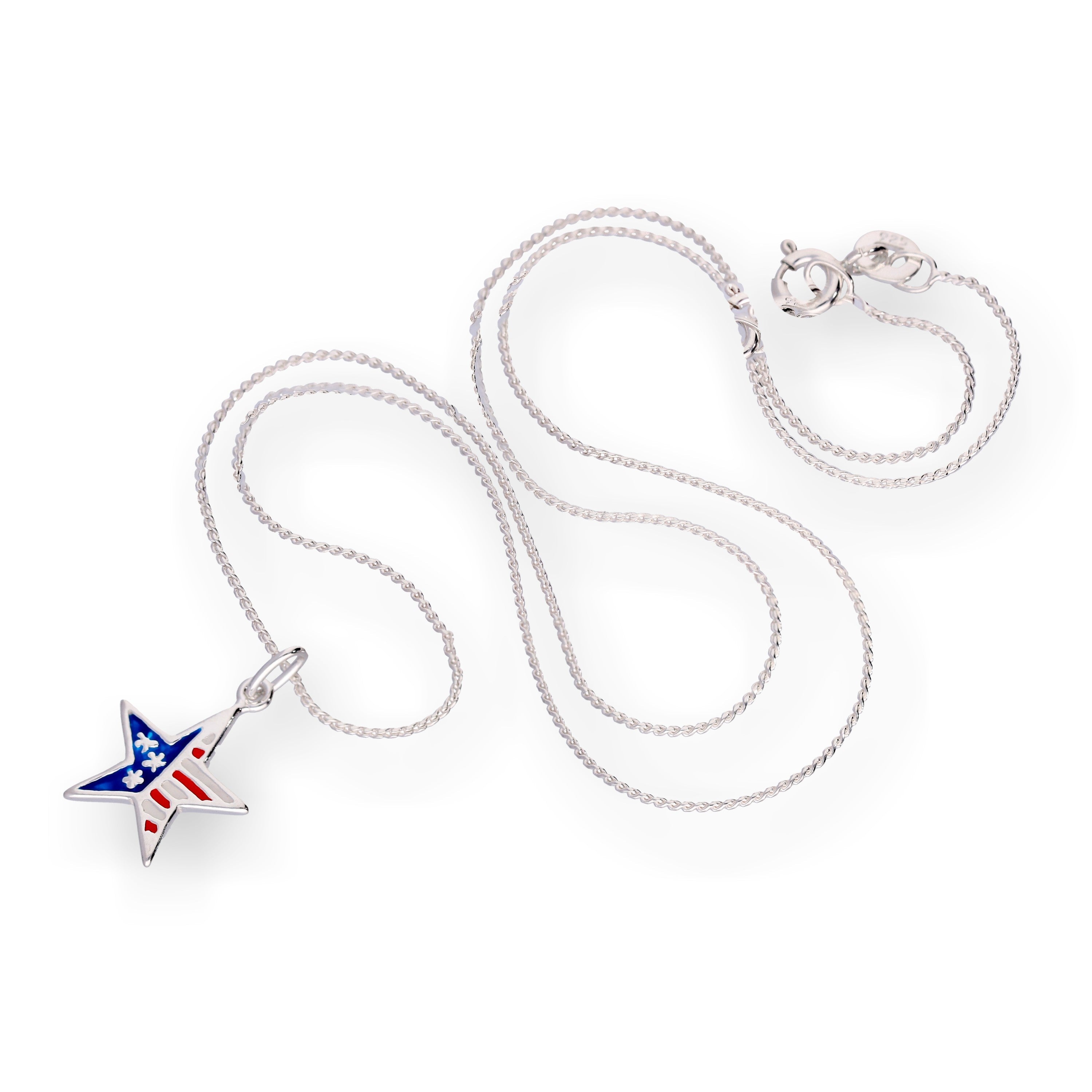 Sterling Silver & Enamel American Flag Star Pendant Necklace 14 - 28 Inches