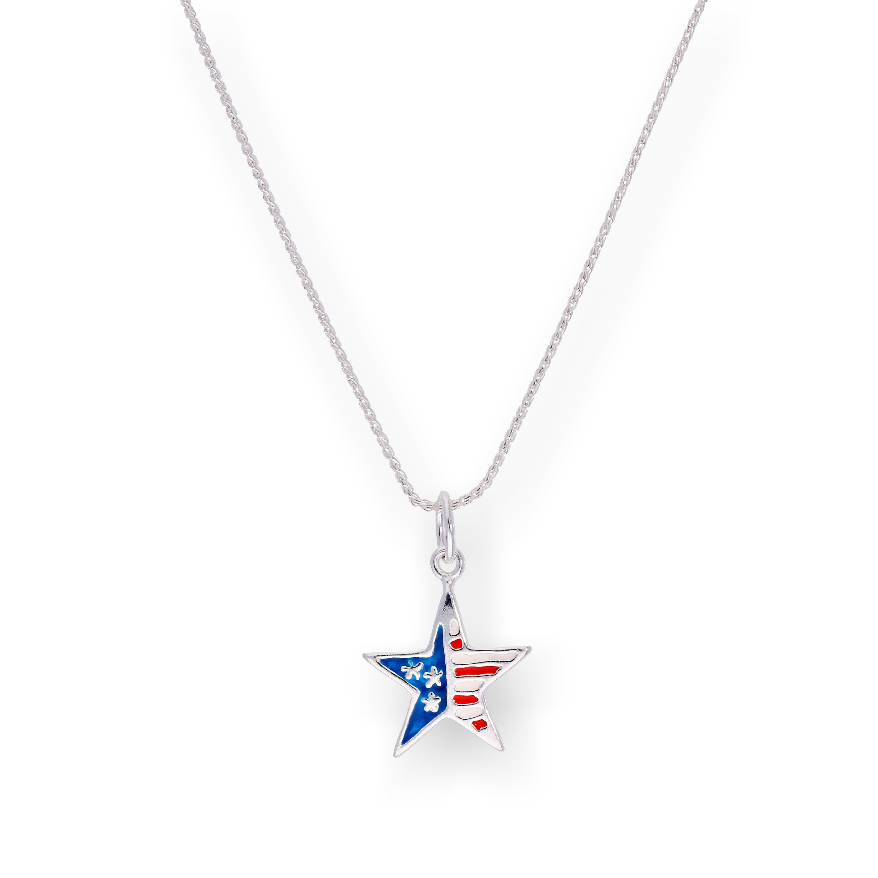 Sterling Silver & Enamel American Flag Star Pendant Necklace 14 - 28 Inches