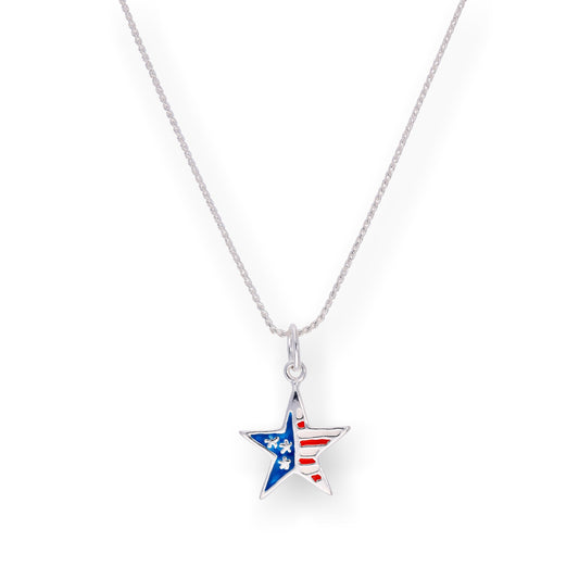 Sterling Silver & Enamel American Flag Star Pendant Necklace 14 - 28 Inches