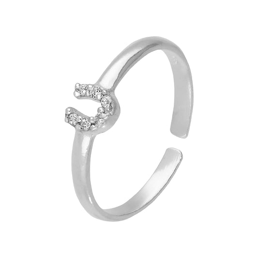 Sterling Silver & Clear CZ Crystal Lucky Horseshoe Adjustable Toe Ring