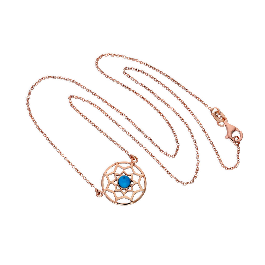 Rose Gold Plated Sterling Silver & Blue Enamel Dreamcatcher Necklace w 18 Inch Chain