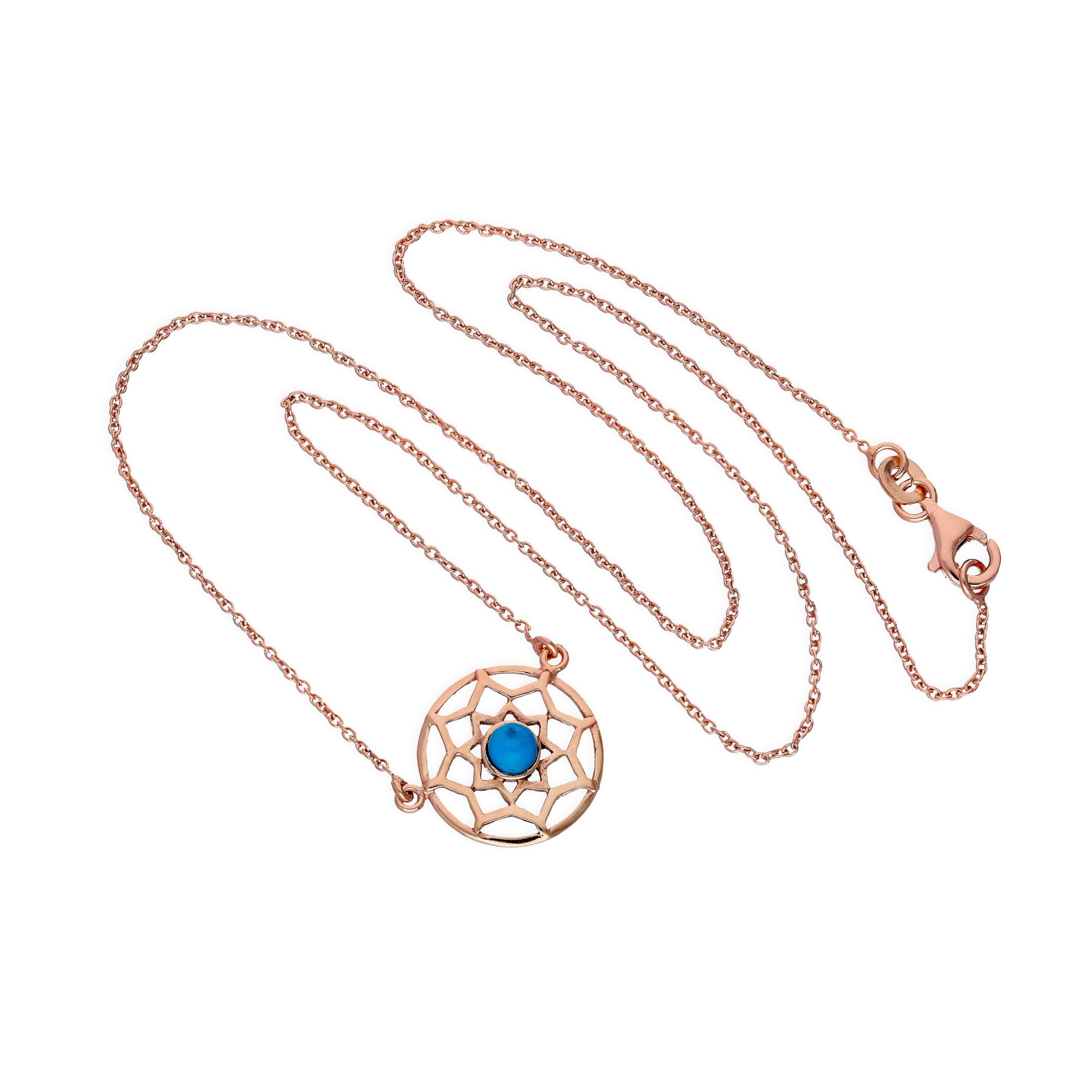 Rose Gold Plated Sterling Silver & Blue Enamel Dreamcatcher Necklace w 18 Inch Chain
