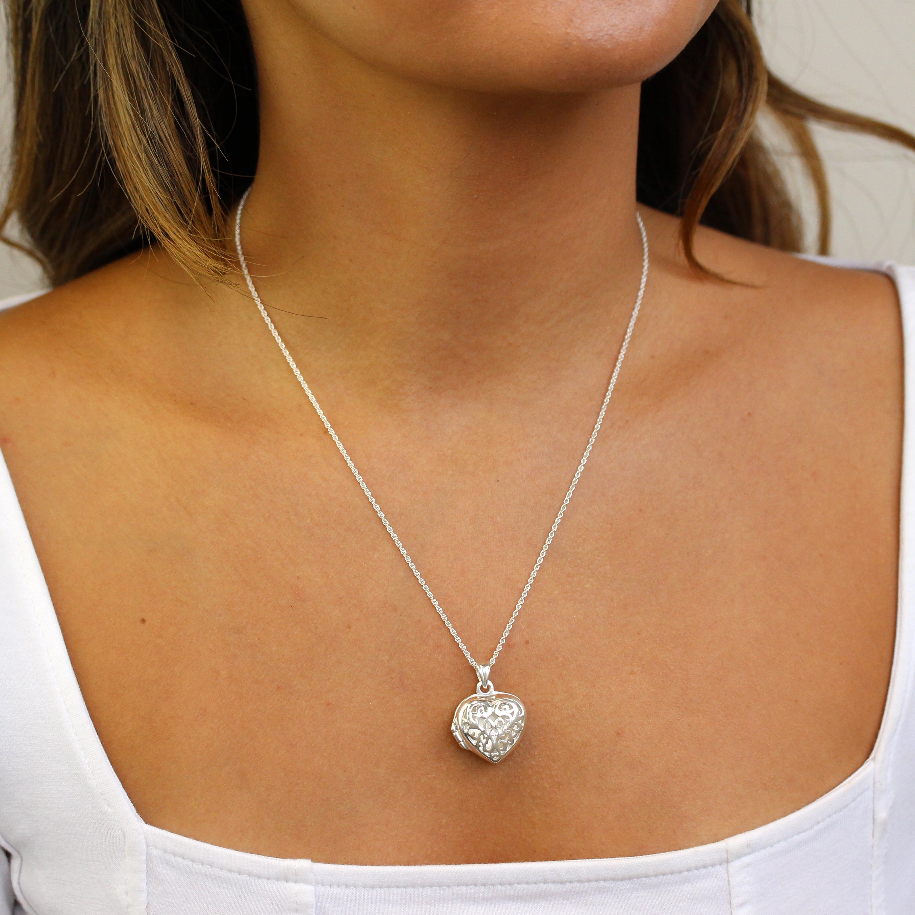 Sterling Silver Filigree Heart Locket on 18 Inch Chain