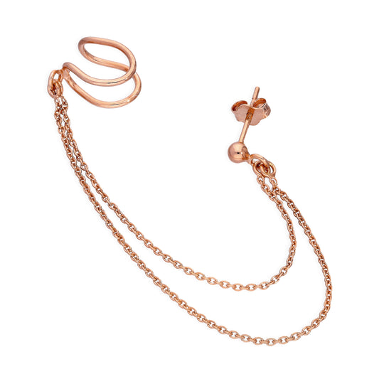 Rose Gold Plated Sterling Silver Ear Cuff & Stud Single Earring w Chain