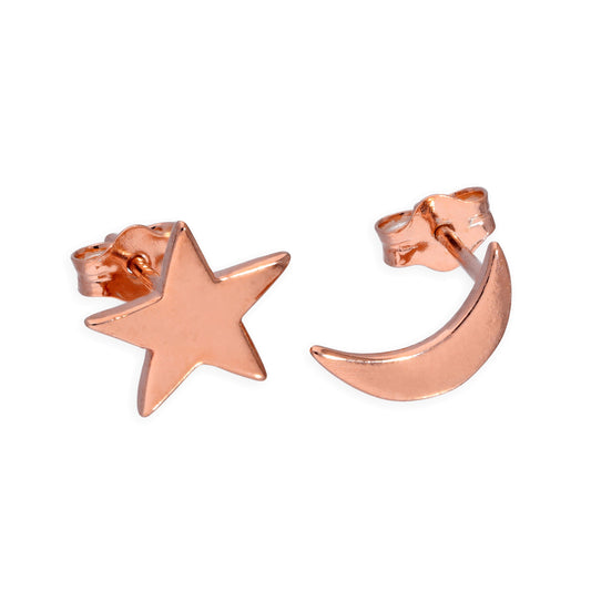 Rose Gold Plated Sterling Silver Moon & Star Stud Earrings