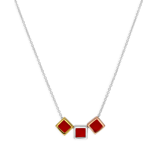 Sterling Silver 18 Inch Necklace w Mixed Gold Plated & Red Enamel Squares