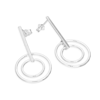 Sterling Silver Bar & Circles Drop Stud Earrings