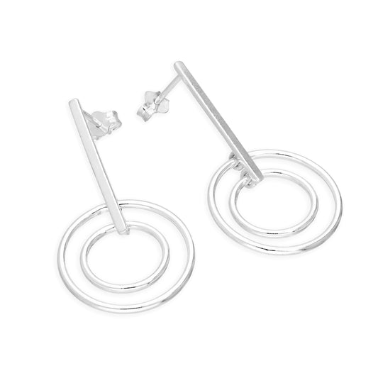 Sterling Silver Bar & Circles Drop Stud Earrings
