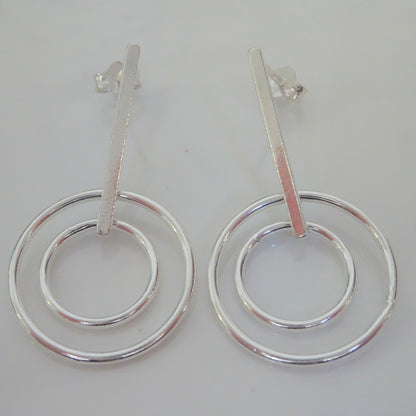 Sterling Silver Bar & Circles Drop Stud Earrings