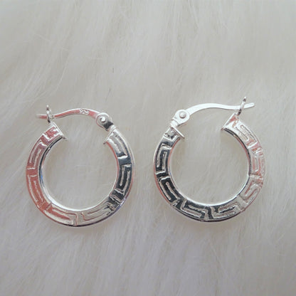 Sterling Silver 16mm Greek Pattern Hoop Earrings