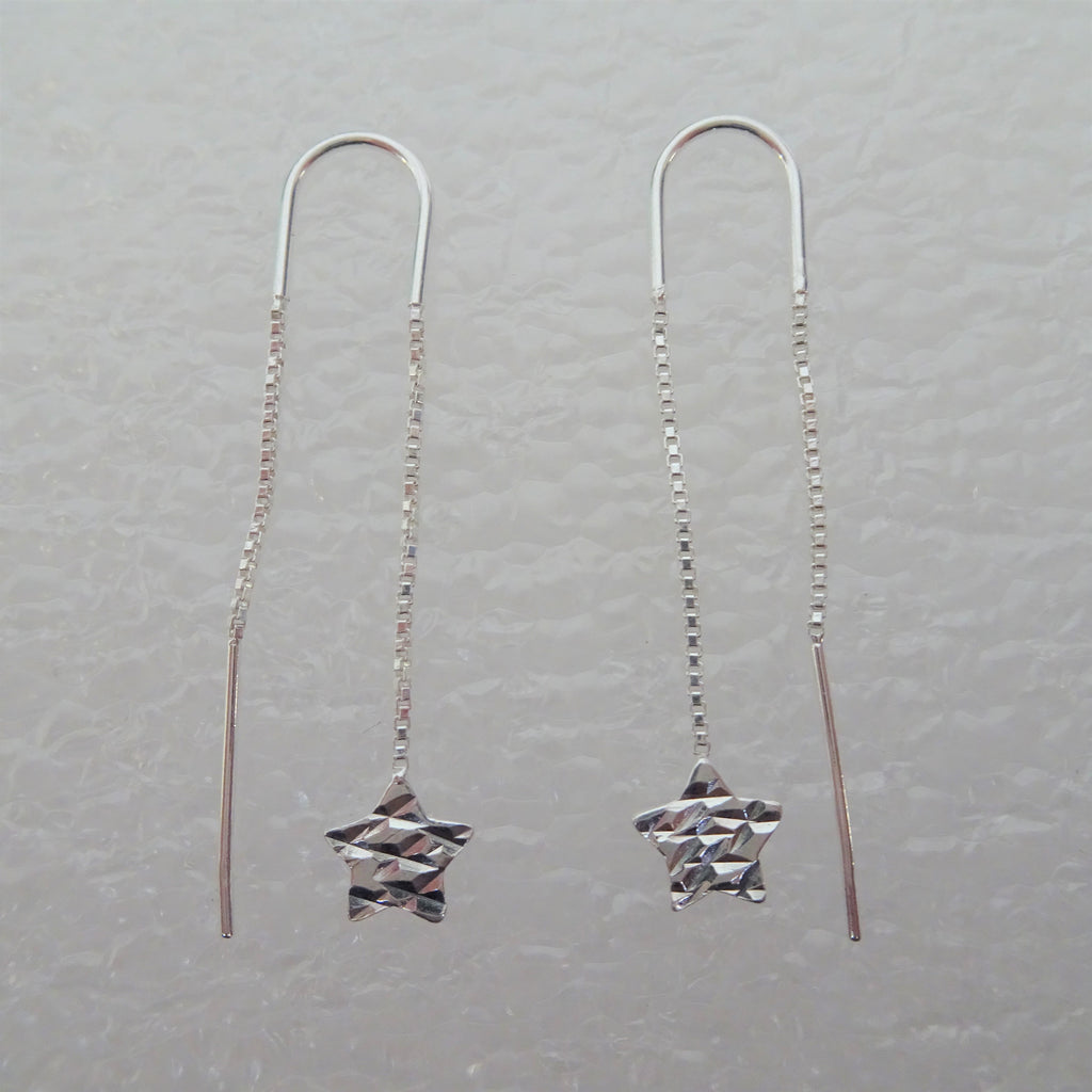 Sterling Silver Diamond Cut Star Pull Through Earrings