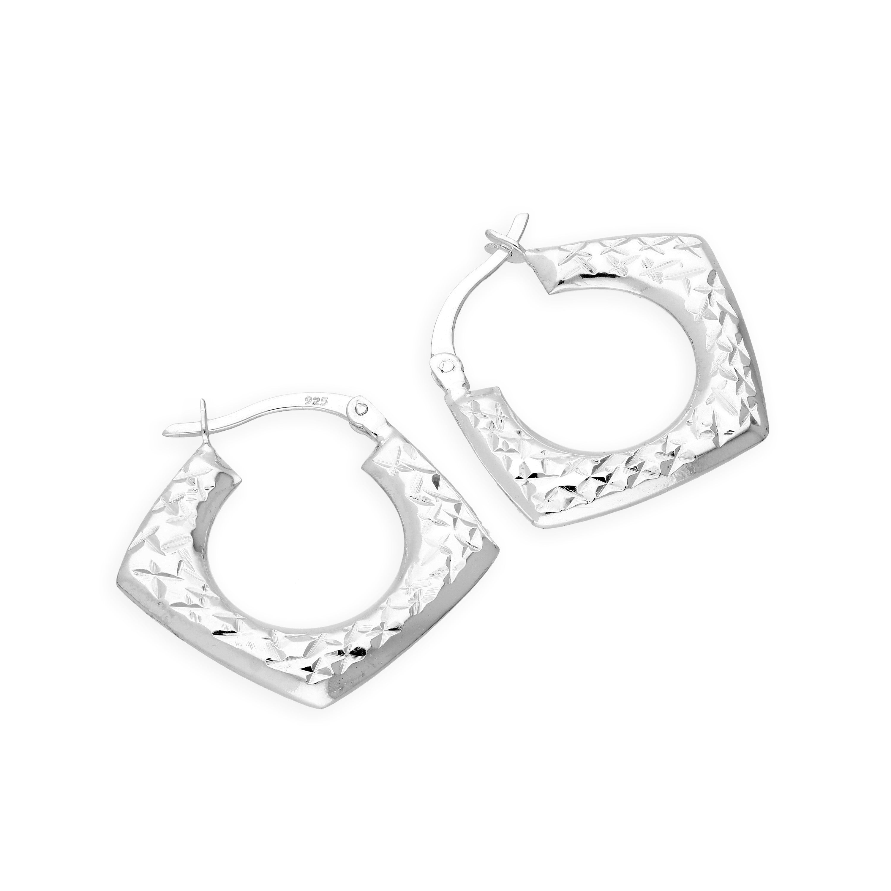 Sterling Silver Diamond Cut Squared Creole Hoop Earrings