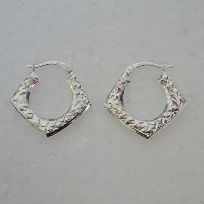 Sterling Silver Diamond Cut Squared Creole Hoop Earrings