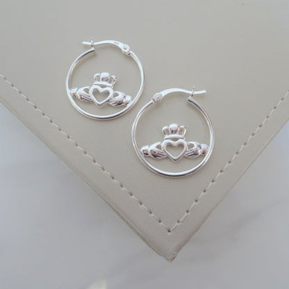 Sterling Silver Hoop Earrings with Claddagh